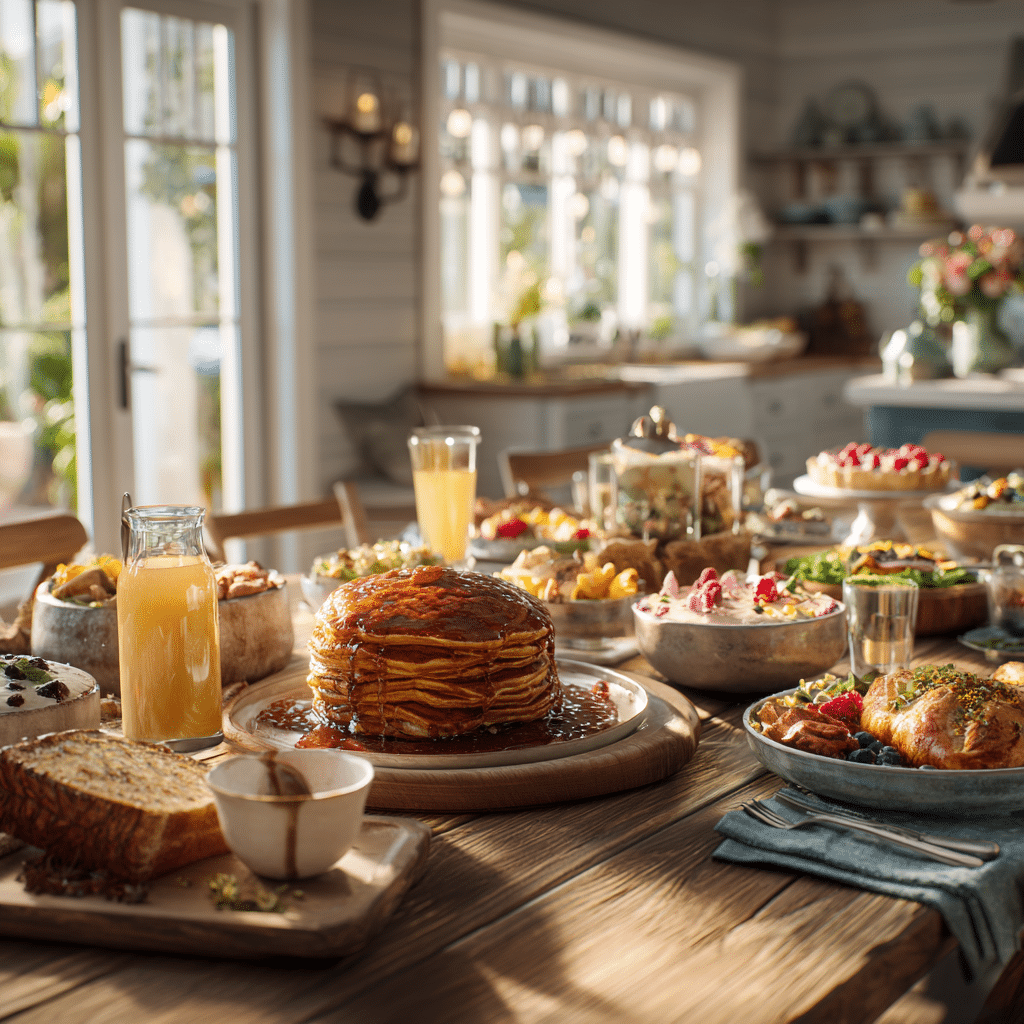 Table with American classics like pancakes, chicken roast, pies, and fresh beverages