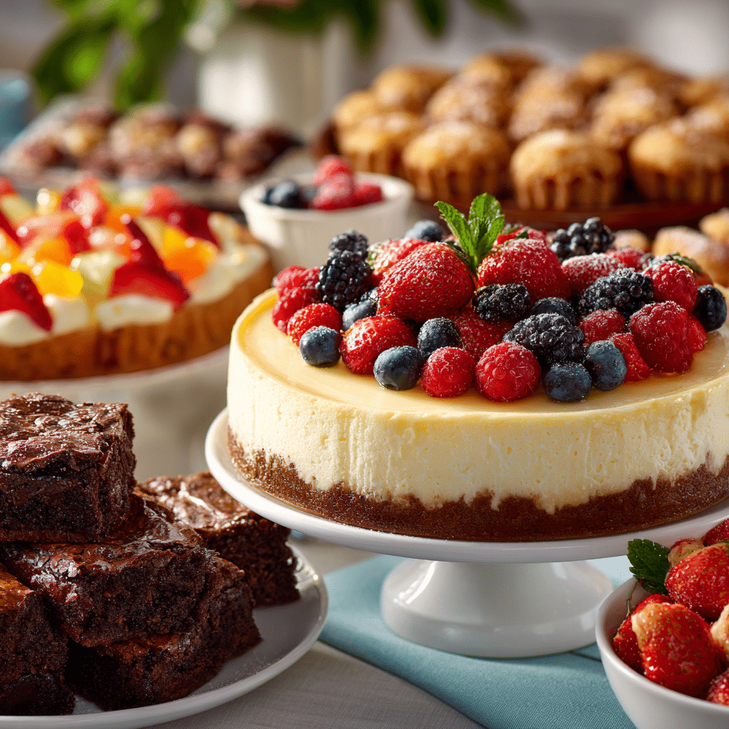 Fresh berry cheesecake with brownies and cookies