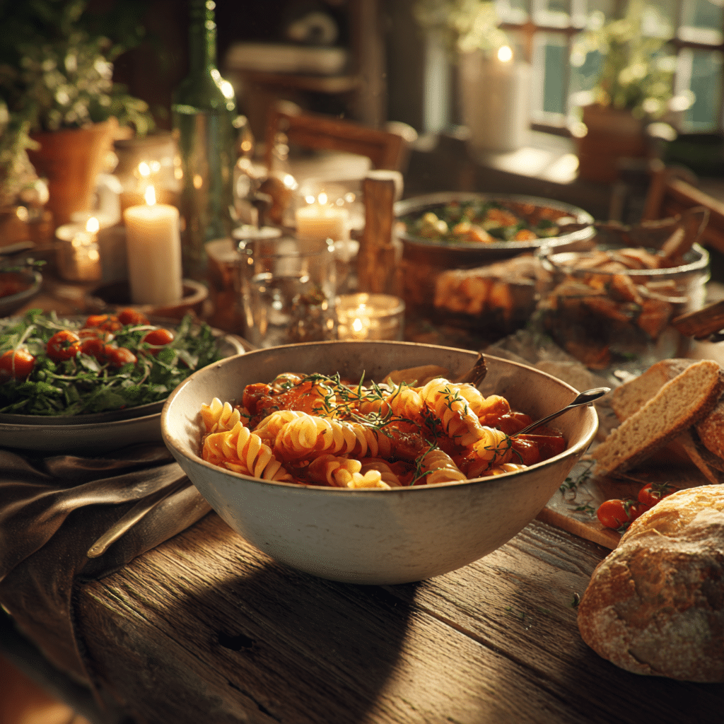 Rustic table dinner with pasta, salad, bread, and candlelight