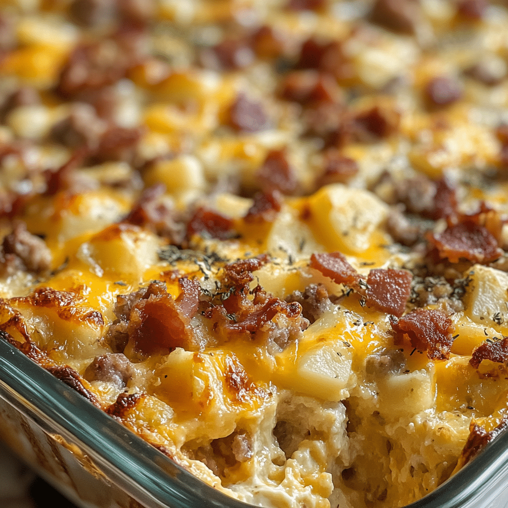 Breakfast Casserole with Turkey Sausage, Smoked Turkey Bacon and Cheddar Cheese