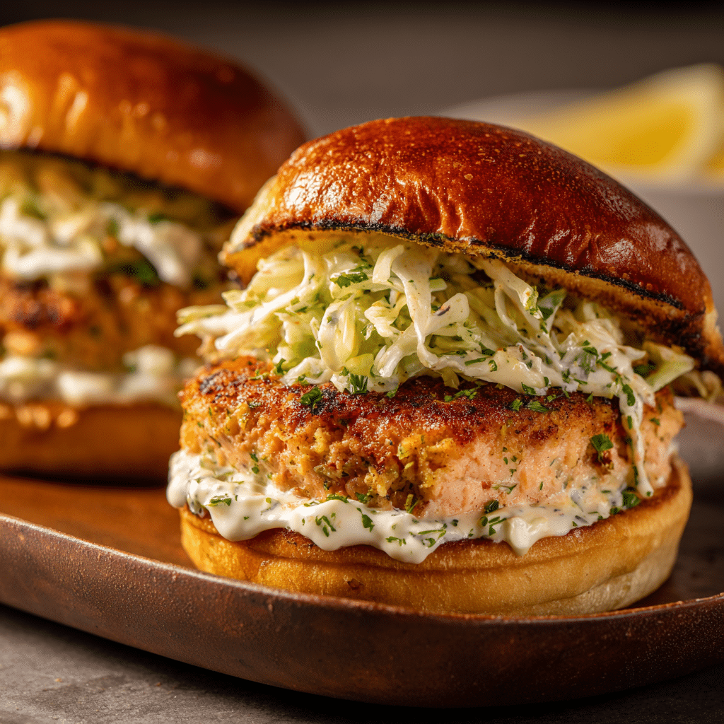 Salmon Burgers with Creamy Cabbage Slaw