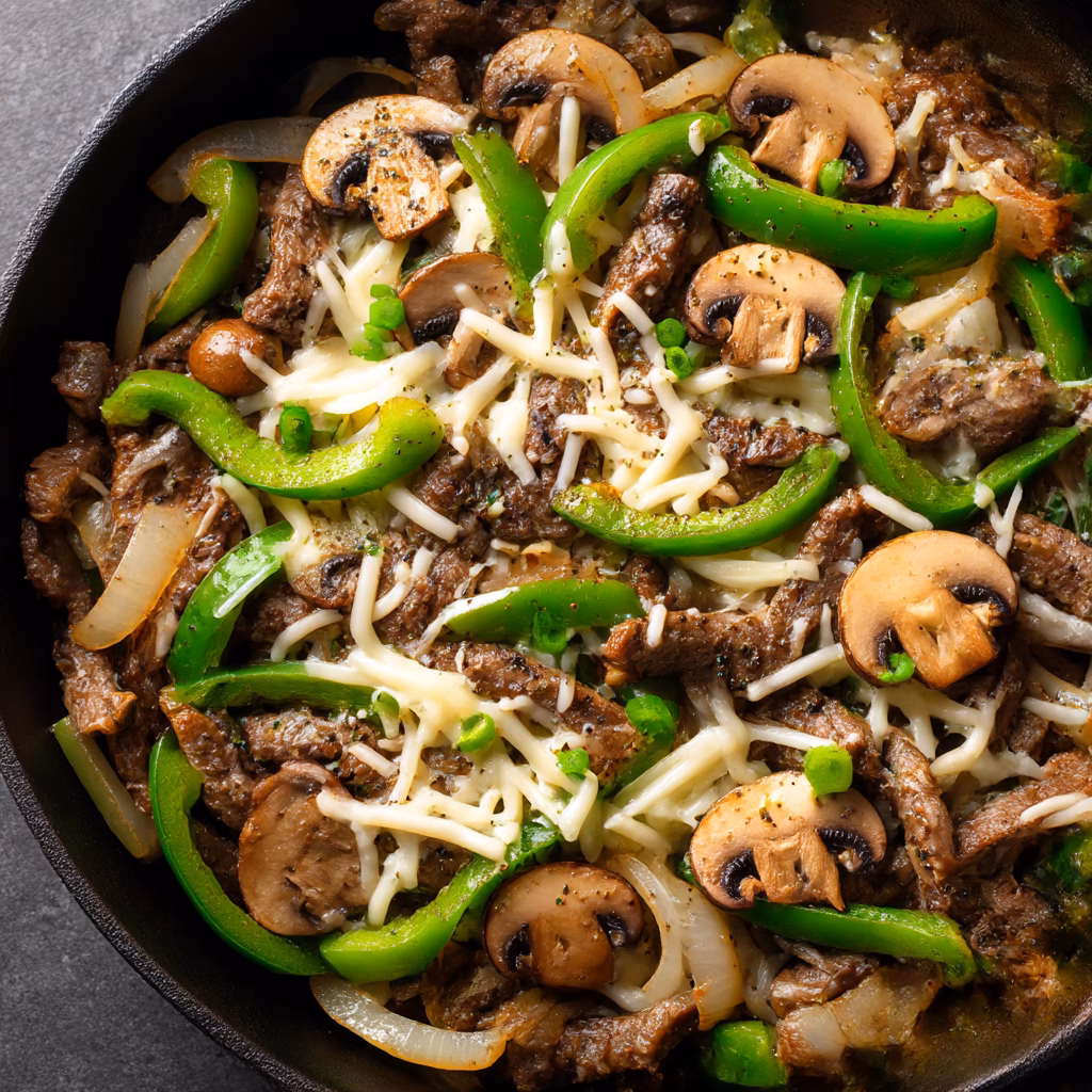 Philly Cheesesteak Skillet with Peppers and Mushrooms